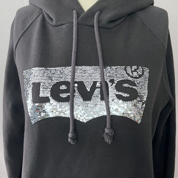 Levis Hoodie Womens Small Black Sequins Spell Out Pullover Sweatshirt - Picture 3 of 7